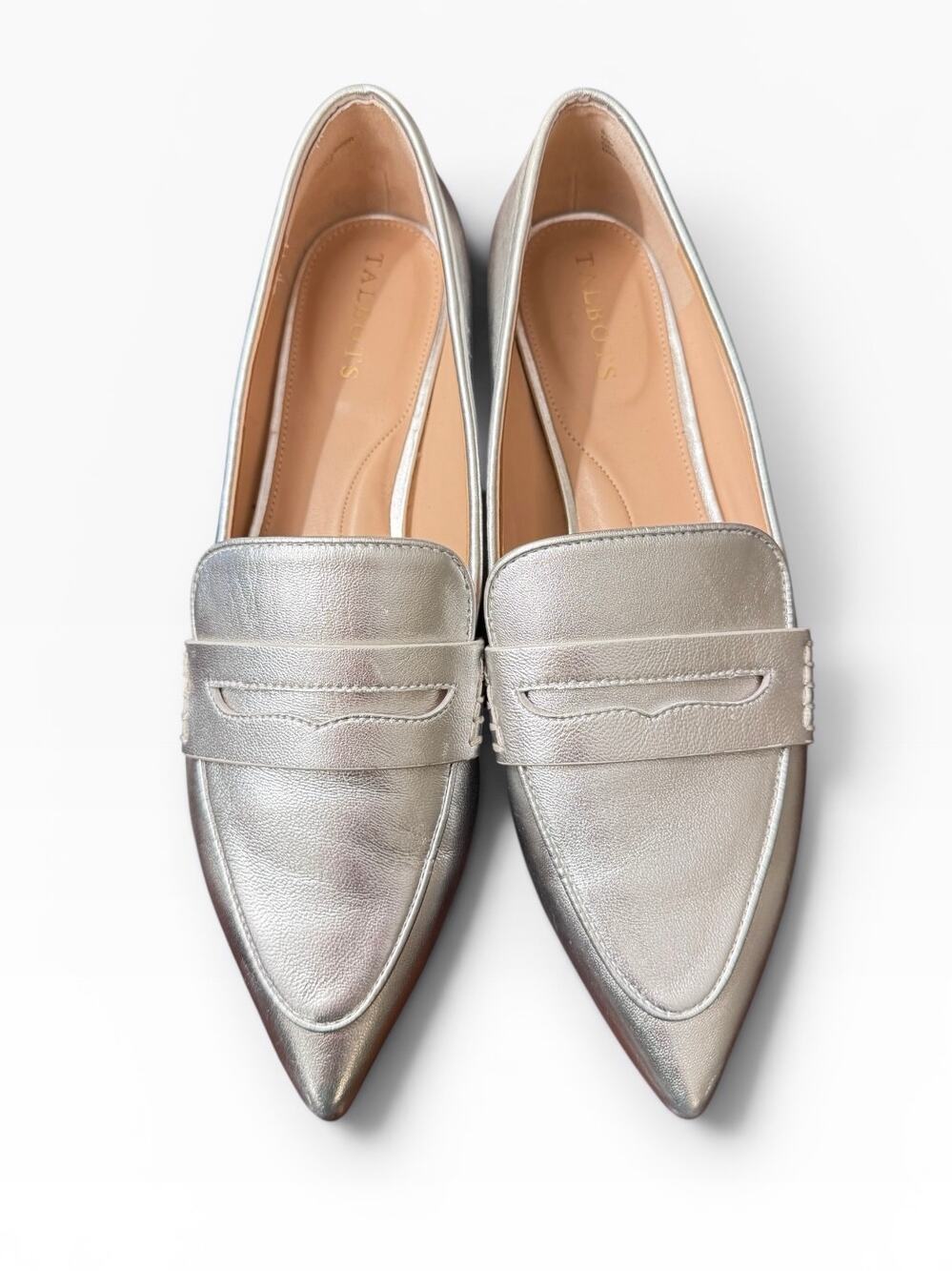 Talbots Scarlet Pointed Toe Silver Metallic Leather Loafers 9.5 NWOB Preppy